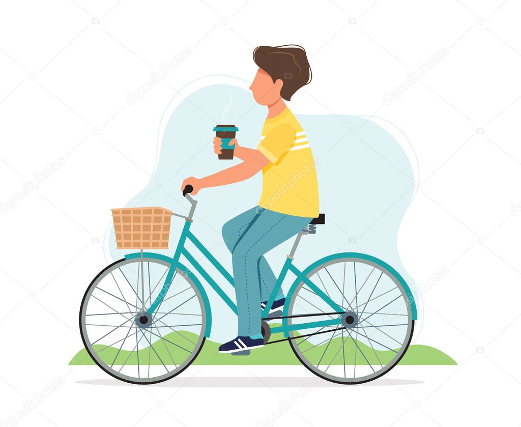 Man riding a bike in spring with coffee cup. Cute vector illustration in flat style