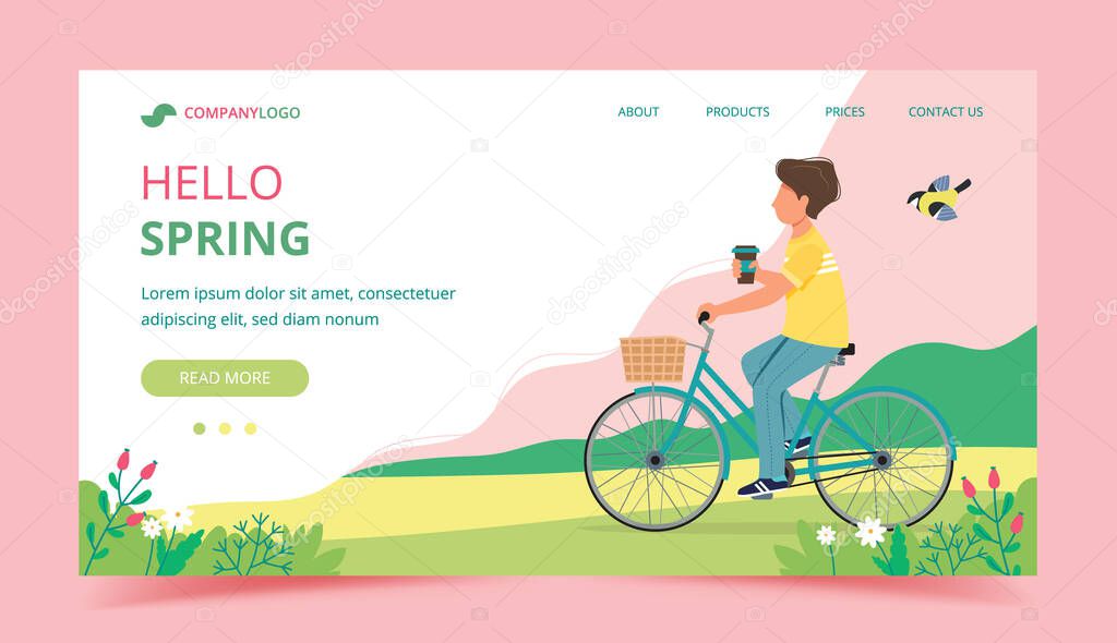 Man riding a bike in spring. Landing page template. Cute vector illustration in flat style.