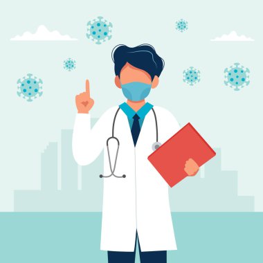 Tıbbi maske takan bir doktor. Coronavirus karantinası. Solunum virüsü konsepti. Düz biçimli vektör illüstrasyonu
