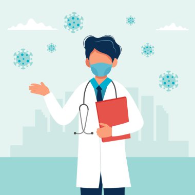 Tıbbi maske takan bir doktor. Coronavirus karantinası. Solunum virüsü konsepti. Düz biçimli vektör illüstrasyonu