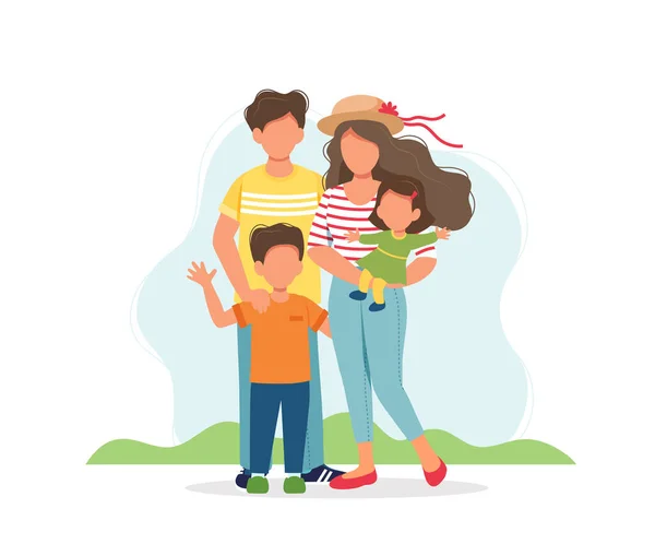 子供たちと幸せな家族。家庭生活の概念。フラットスタイルでかわいいベクトルイラスト — ストックベクタ