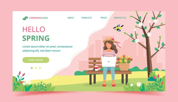 Frau mit Laptop auf der Bank und Frühlingsblumen im Korb. Landing Page Template. Nette Vektorillustration im flachen Stil. — Stockvektor