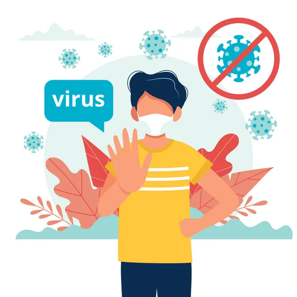Tıbbi maske takan bir adam. Coronavirus karantinası. Solunum virüsü konsepti. Düz biçimli vektör illüstrasyonu