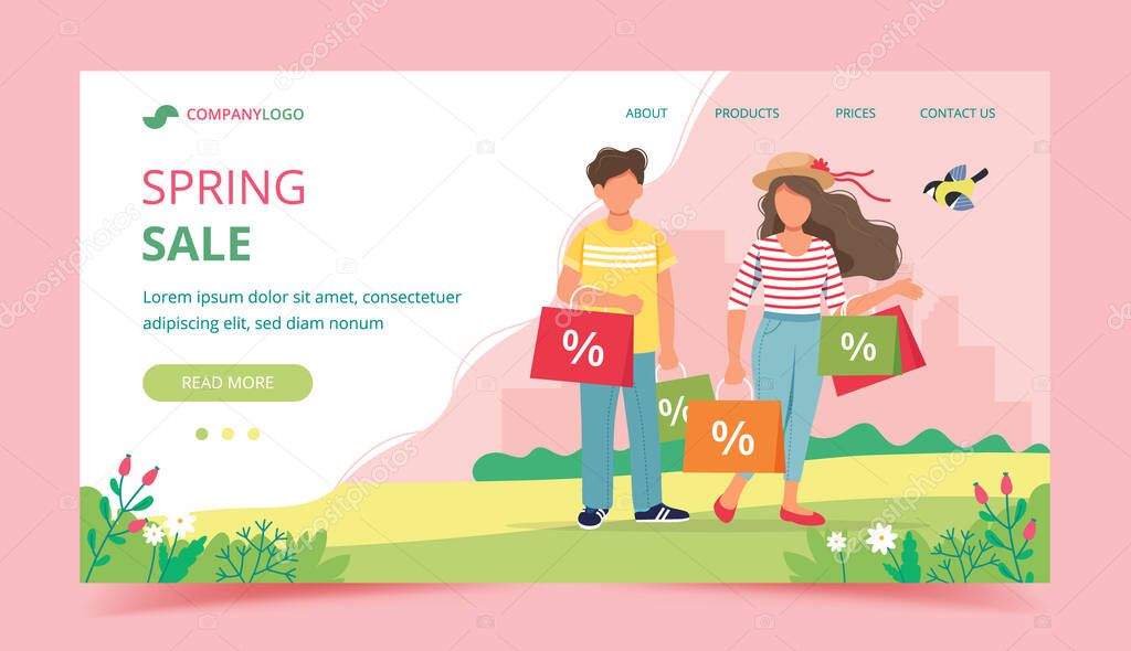 Man and woman with shopping bags, spring sale concept. Landing page template. Cute vector illustration in flat style.