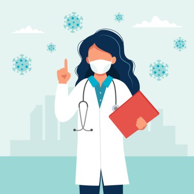Tıbbi maske takan kadın doktor. Coronavirus COVID-19 önleme kavramı. Düz biçimli vektör illüstrasyonu
