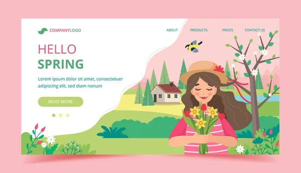 Mädchen mit Blumen in der Frühlingslandschaft. Ostergruß, Landing Page Vorlage. Vektorillustration im flachen Stil — Stockvektor