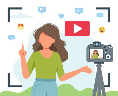 Video blogcu kamerayla video kaydediyor. Farklı sosyal medya simgeleri. Düz biçimdeki şirin vektör illüstrasyonu