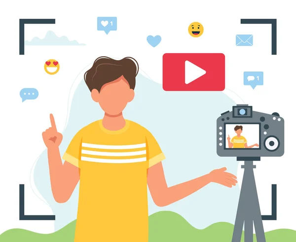 Video blogger grabando video con cámara. Diferentes iconos de redes sociales. Lindo vector de ilustración en estilo plano — Archivo Imágenes Vectoriales