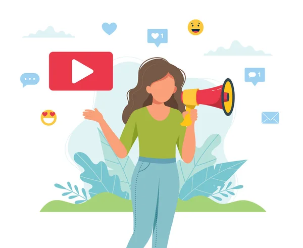 Mujer video blogger haciendo anuncio con megáfono. Lindo vector de ilustración en estilo plano — Vector de stock