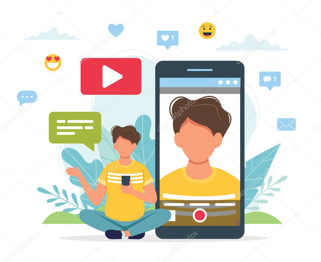 Video blogger recording video with smartphone. Cute vector illustration in flat style