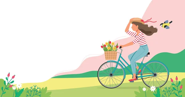 Woman riding a bike in spring with flowers in the basket. Cute vector illustration in flat style. — Stock Vector
