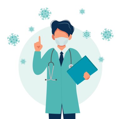 Tıbbi maske takan bir doktor. Coronavirus salgını konsepti. Düz biçimli vektör illüstrasyonu