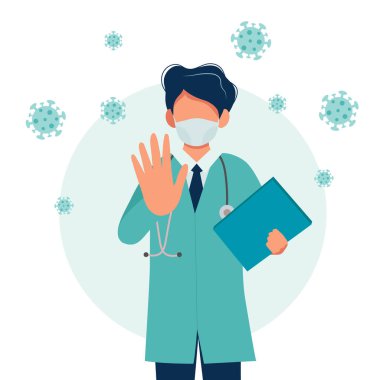 Tıbbi maske takan bir doktor. Coronavirus salgını konsepti. Düz biçimli vektör illüstrasyonu