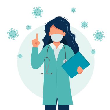 Tıbbi maske takan kadın doktor. Coronavirus salgını konsepti. Düz biçimli vektör illüstrasyonu