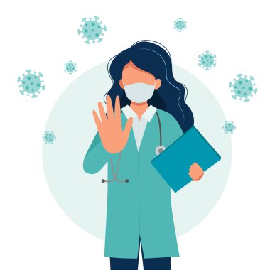 Tıbbi maske takan kadın doktor. Coronavirus salgını konsepti. Düz biçimli vektör illüstrasyonu