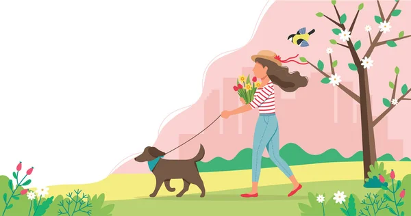 Woman walking dog in spring with flowers. Cute vector illustration in flat style. — Stock Vector