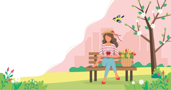 Γυναίκα κάθεται στον πάγκο με ανοιξιάτικα λουλούδια στο καλάθι. Χαριτωμένο διάνυσμα εικονογράφηση σε επίπεδο στυλ. — Διανυσματικό Αρχείο