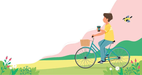 Man riding a bike in spring. Cute vector illustration in flat style. — Stock Vector