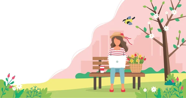 Woman with laptop sitting on the bench and spring flowers in basket. Cute vector illustration in flat style. — Stock Vector