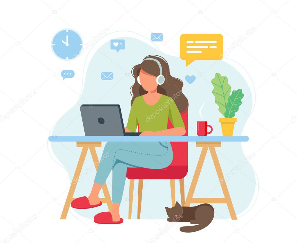 Home office concept, woman working from home, student or freelancer. Cute vector illustration in flat style