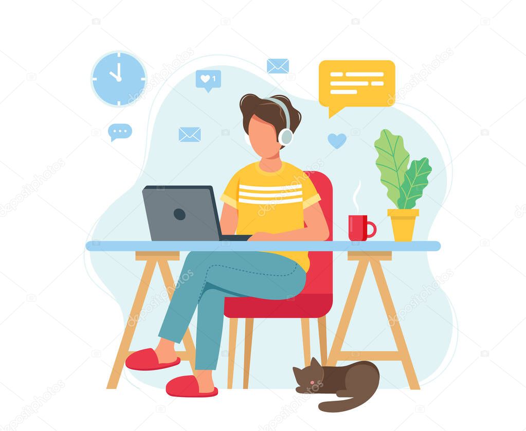 Home office concept, man working from home, student or freelancer. Cute vector illustration in flat style