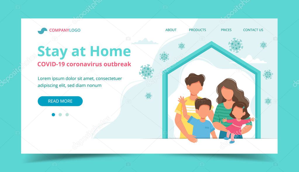 Family staying at home in self quarantine, landing page or banner template. Coronavirus outbreak concept. Vector illustration in flat style