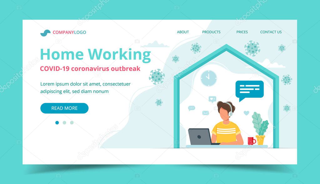 Home office, man working from home. Landing page or banner template. Vector illustration in flat style