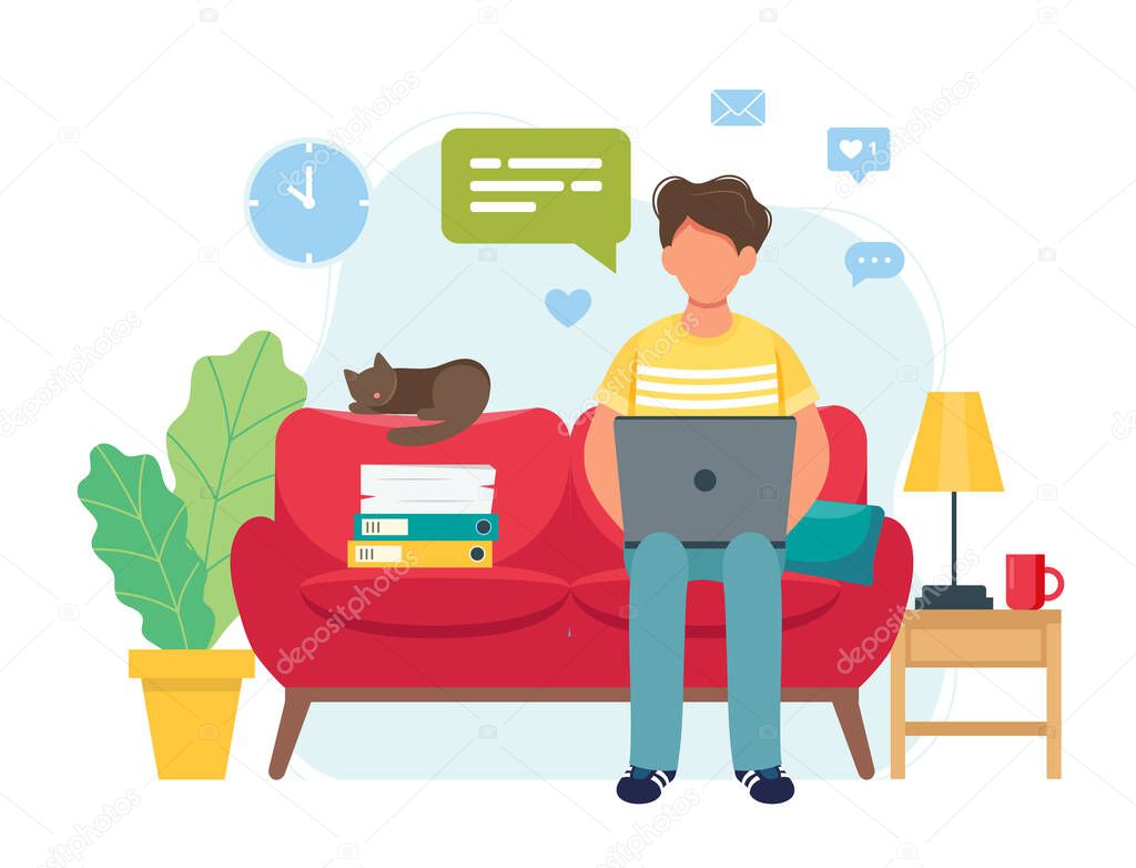 Home office concept, man working from home sitting on a sofa, student or freelancer. Cute vector illustration in flat style