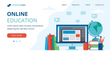 Bilgisayar, kitap ve küreyle çevrimiçi eğitim kavramı. İniş sayfası şablonu, düz biçimdeki vektör illüstrasyonu.