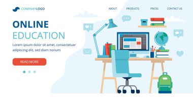 Öğrenci masası, bilgisayar, lamba ve kitaplarla çevrimiçi eğitim kavramı. İniş sayfası şablonu, düz biçimdeki vektör illüstrasyonu.
