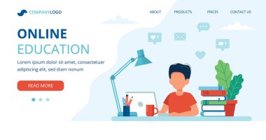 Çevrimiçi eğitim kavramı bir çocuk, bilgisayar, lamba ve kitaplarla. İniş sayfası şablonu, düz biçimdeki vektör illüstrasyonu.