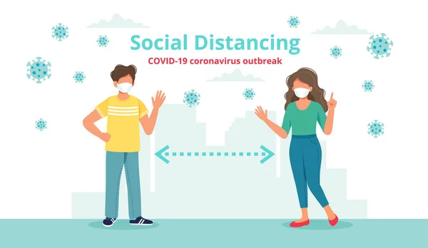 Concepto de distanciamiento social con dos personas a distancia saludándose unas a otras. Ilustración vectorial en estilo plano — Archivo Imágenes Vectoriales