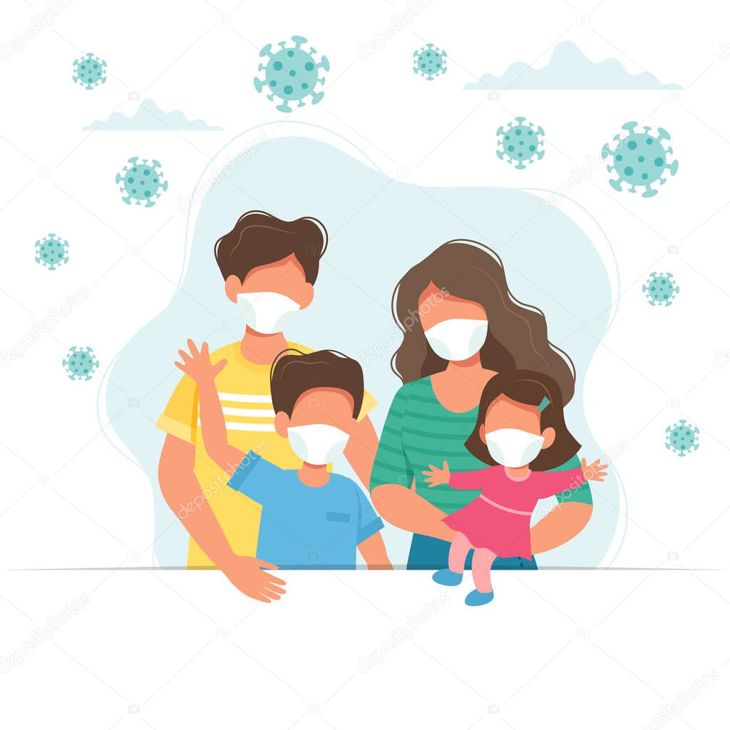 Family wearing medical masks, covid-19 virus prevention. Vector illustration in flat style