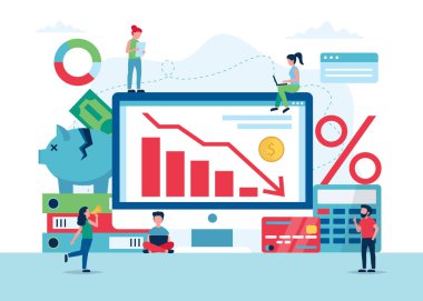 Ekonomik kriz konsepti, borsanın çöküşü, mali kriz ve iflas. Küçük insan karakterleri. Düz biçimli vektör illüstrasyonu