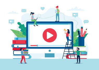 Çevrimiçi eğitim konsepti, video, kitaplar ve kalemlerle ekran. Küçük insan karakterleri. Düz biçimli vektör illüstrasyonu