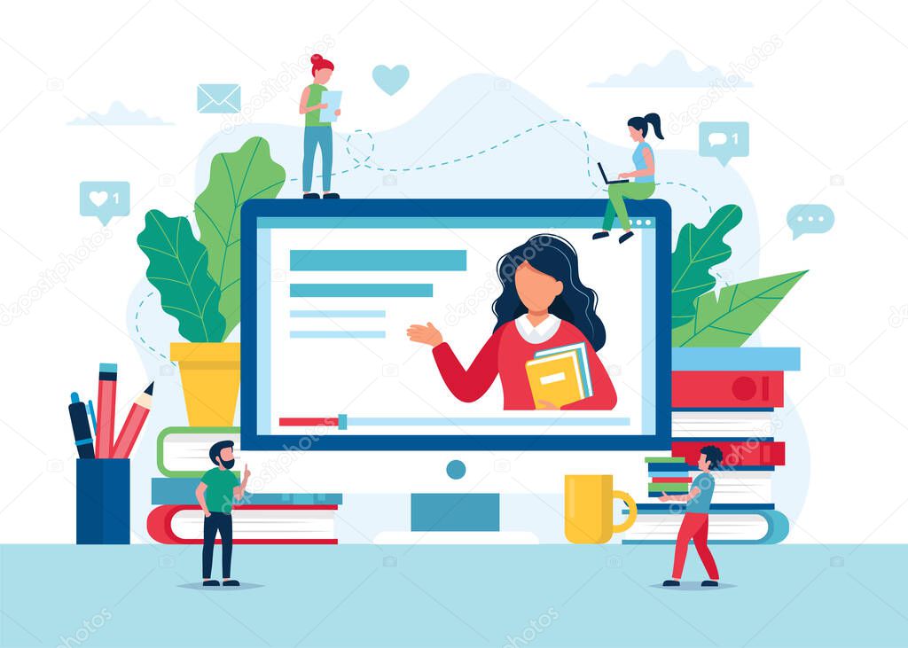 Online education concept, screen with teacher, books and pencils. Small people characters. Vector illustration in flat style