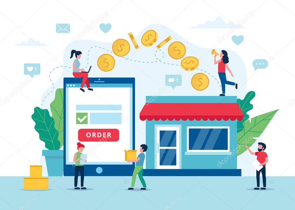 Order online concept, payment process with tablet. Small people characters. Vector illustration in flat style