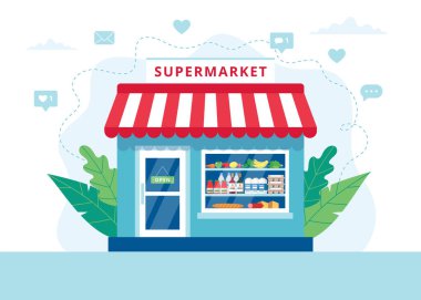 Market konsepti, farklı marketli süpermarket. Düz biçimli vektör illüstrasyonu