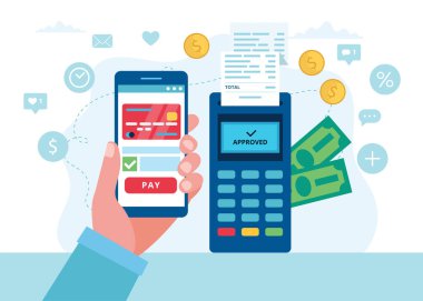 POS terminali ile mobil ödeme, alışveriş konsepti. Düz biçimli vektör illüstrasyonu