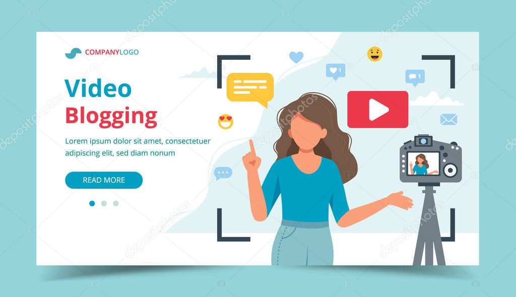 Female video blogger recording video with camera. Different social media icons. Landing page template, vector illustration in flat style