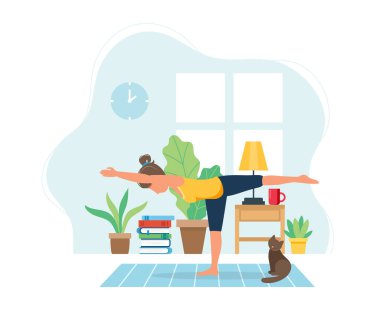 Evde kal konsepti. Kadın rahat modern iç mekanlarda yoga yapıyor. Düz biçimli vektör illüstrasyonu