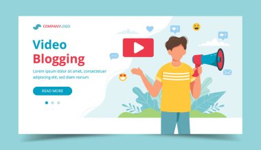 Video blogcusu megafonla duyuru yapıyor. İniş sayfası şablonu, düz biçimdeki vektör illüstrasyonu