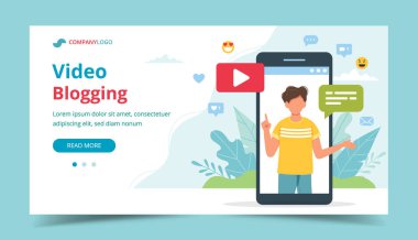 Akıllı telefon ekranındaki video blogcusu. Farklı sosyal medya simgeleri. İniş sayfası şablonu, düz biçimdeki vektör illüstrasyonu