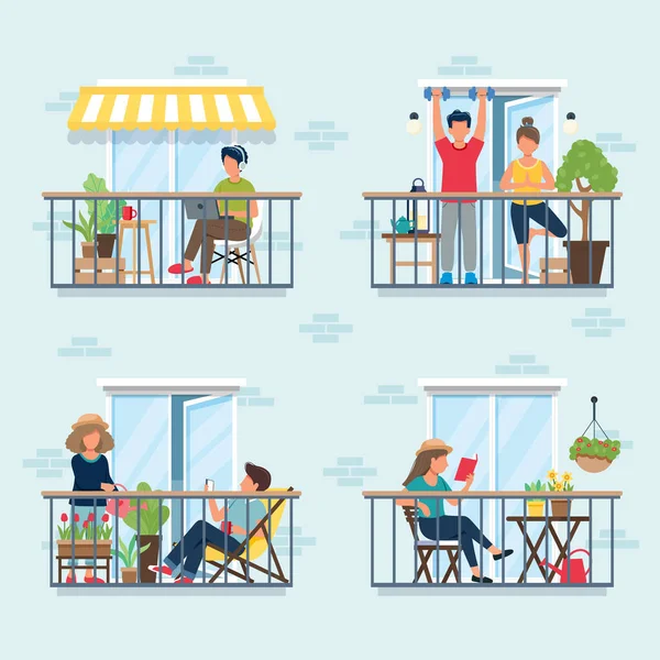 Mensen op het balkon, sociaal isolement concept. Blijf thuis tijdens de epidemie. Leuke vector illustratie in platte stijl — Stockvector