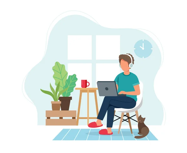 Trabalho a partir do conceito de casa, homem trabalhando em casa sentado em uma cadeira, estudante ou freelancer. Ilustração vetorial bonito em estilo plano —  Vetores de Stock