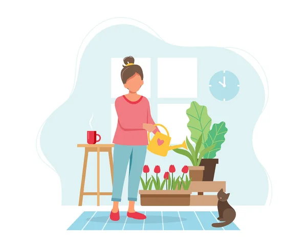 待在家里的概念。女人在舒适的现代室内浇灌植物.平面样式的矢量图解 — 图库矢量图片