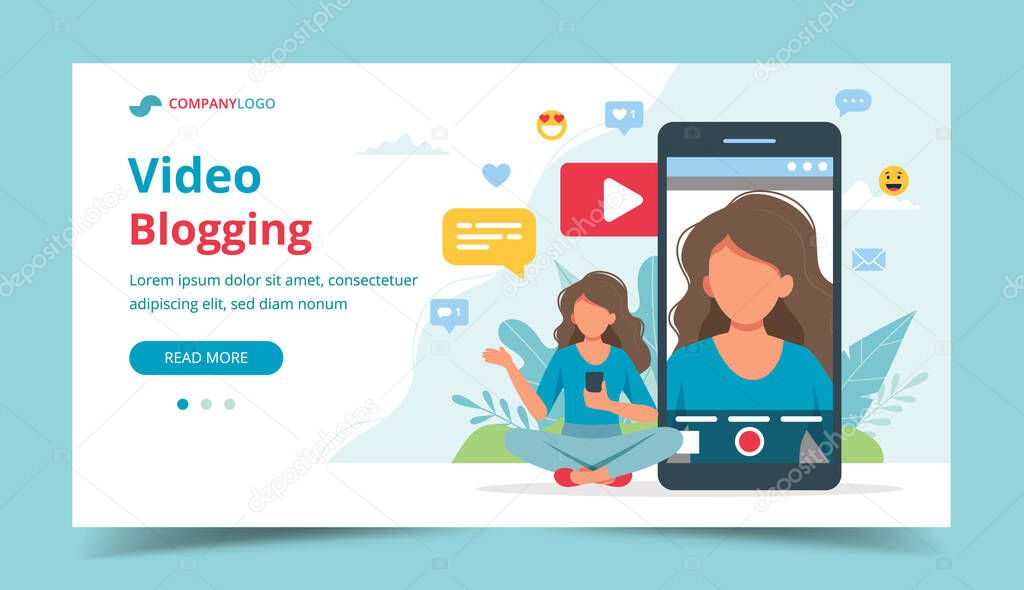 Female video blogger on smartphone screen. Different social media icons. Landing page template, vector illustration in flat style