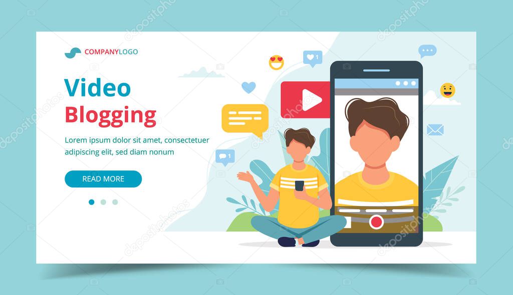 Video blogger on smartphone screen. Different social media icons. Landing page template, vector illustration in flat style