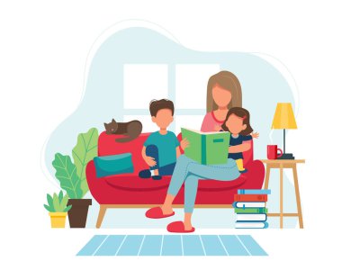 Evde kal konsepti. Anne çocuklara rahat modern iç mekanlarda kitap okuyor. Düz biçimli vektör illüstrasyonu