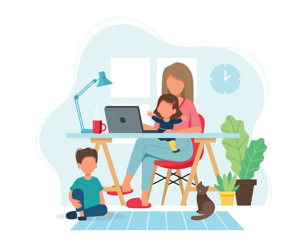 Concepto de oficina en casa. Mujer trabajando desde casa con niños en un acogedor interior moderno. Ilustración vectorial en estilo plano — Vector de stock